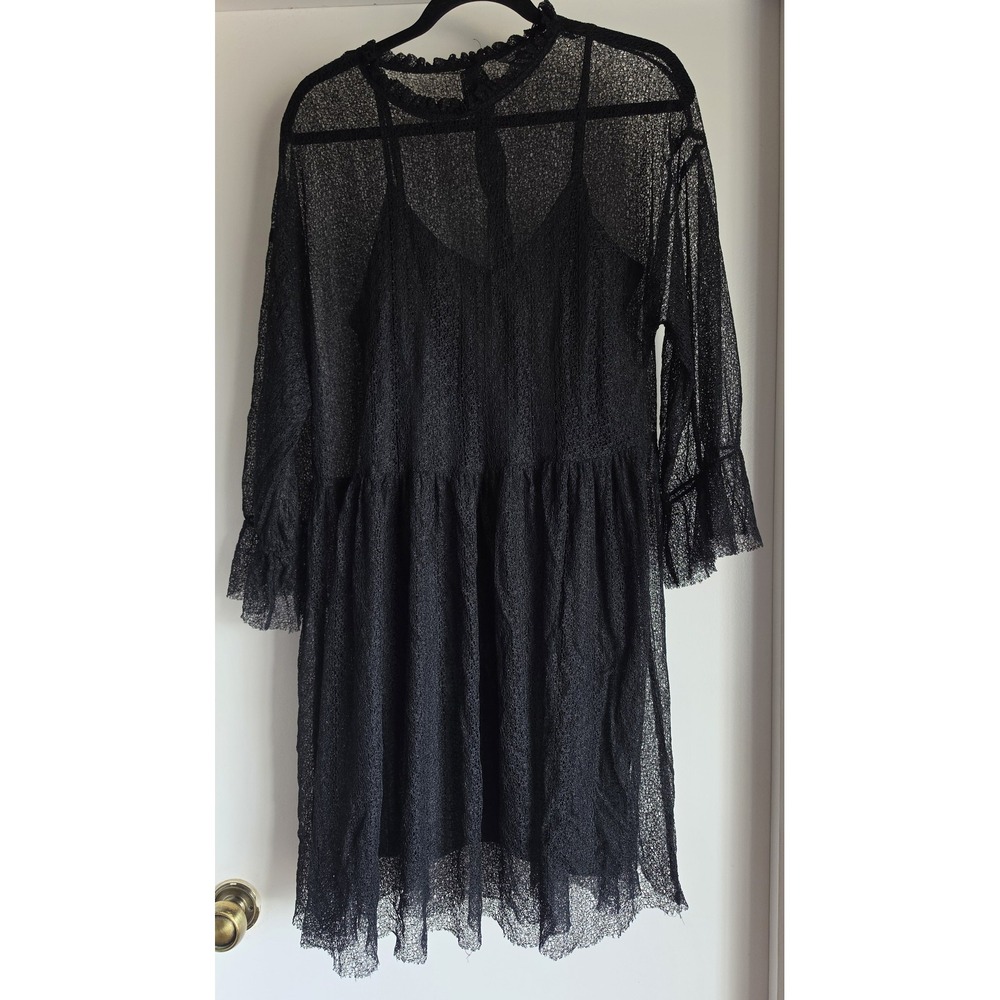 ZARA Women Shirt Dress Size L Black Lace Collared 3/4 Sleeve Sheath Mini